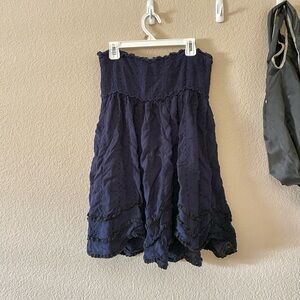 Free People ruffle eyelet lace strapless babydoll mini dress in dark navy